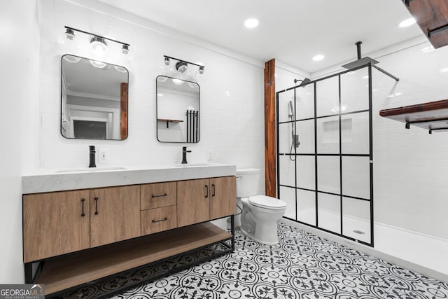 107 S Mulberry St, Statesboro, GA 30458 - bathroom featuring a shower stall, double vanity, toilet, tile walls, and backsplash