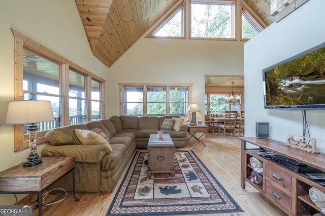 477 Bootlegger Rd, Morganton, GA 30560 - living area with high vaulted ceiling, light wood finished floors, wood ceiling, healthy amount of natural light, and a chandelier