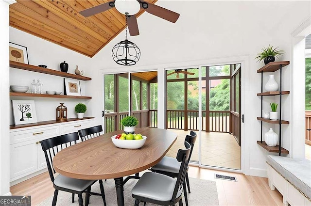 3007 Manning Dr, Marietta, GA 30062 - dining area with lofted ceiling, a ceiling fan, wood ceiling, and light wood-style floors