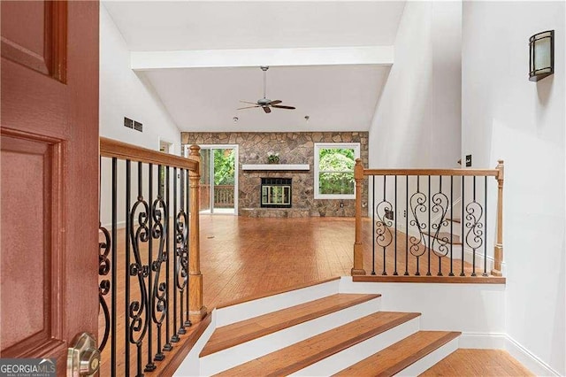 3007 Manning Dr, Marietta, GA 30062 - stairs featuring ceiling fan, wood finished floors, and baseboards