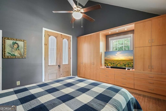 3734 Powers Ferry Rd NW, Atlanta, GA 30342 - bedroom featuring high vaulted ceiling, hardwood / wood-style floors, and a ceiling fan