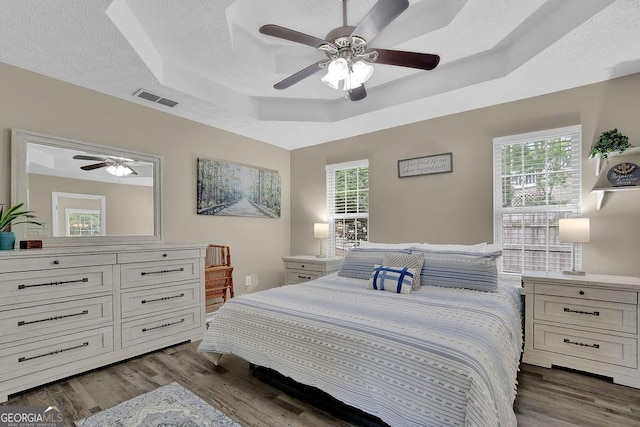 507 Hillcrest Cross Rd, Canton, GA 30115 - bedroom featuring a raised ceiling, dark wood-type flooring, multiple windows, ceiling fan, and a textured ceiling