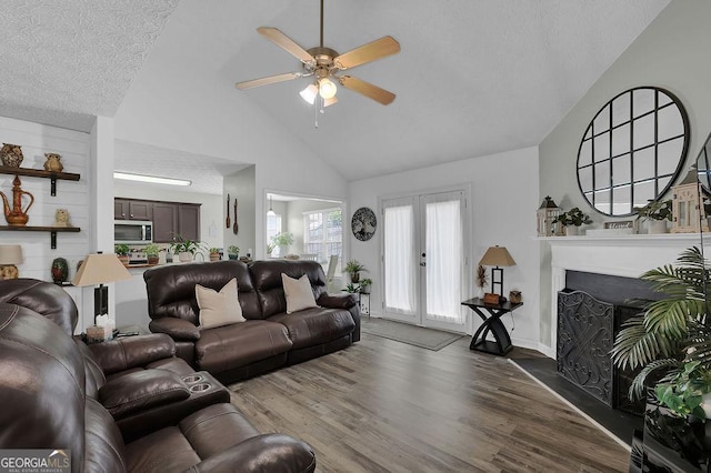 507 Hillcrest Cross Rd, Canton, GA 30115 - living area with wood finished floors, high vaulted ceiling, ceiling fan, a fireplace, and a textured ceiling