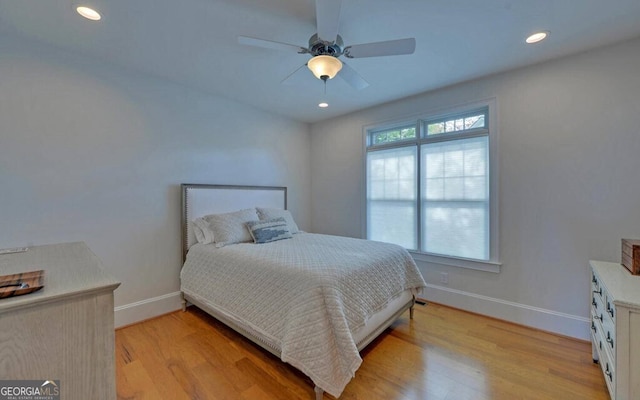 1951 Island View Dr, Hiawassee, GA 30546 - bedroom with baseboards, light wood finished floors, recessed lighting, and ceiling fan