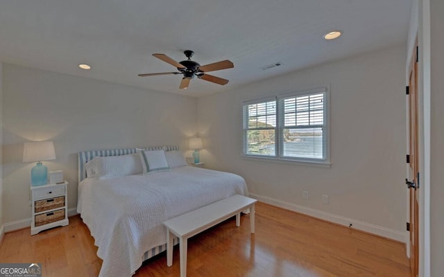 1951 Island View Dr, Hiawassee, GA 30546 - bedroom featuring baseboards, recessed lighting, light wood-style flooring, and ceiling fan