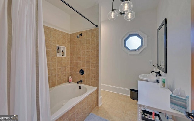 1951 Island View Dr, Hiawassee, GA 30546 - full bathroom with tile patterned floors, shower / bath combination with curtain, baseboards, and vanity