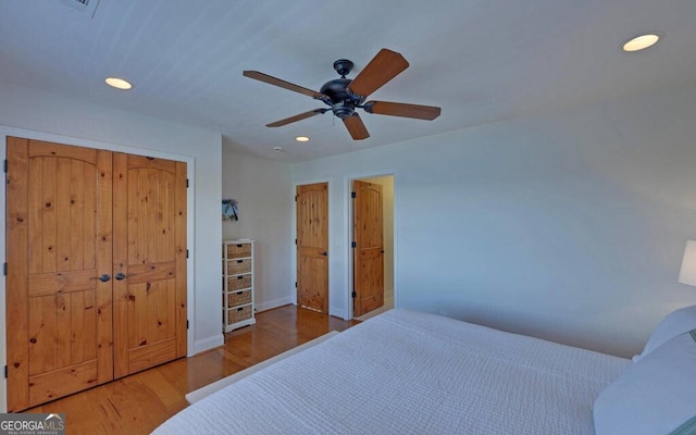 1951 Island View Dr, Hiawassee, GA 30546 - bedroom featuring recessed lighting, wood finished floors, ceiling fan, and baseboards