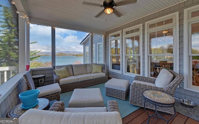 1951 Island View Dr, Hiawassee, GA 30546 - sunroom featuring a ceiling fan, outdoor lounge area, and a water view