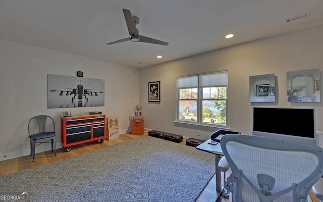 1951 Island View Dr, Hiawassee, GA 30546 - office space featuring wood finished floors, a ceiling fan, baseboards, and recessed lighting