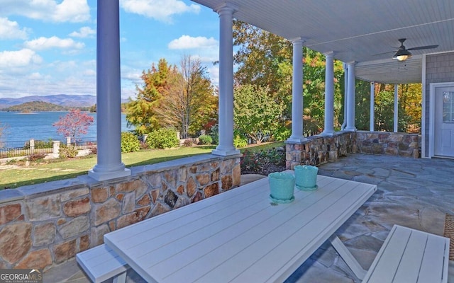 1951 Island View Dr, Hiawassee, GA 30546 - covered porch with a water and mountain view and a ceiling fan