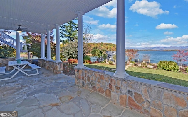 1951 Island View Dr, Hiawassee, GA 30546 - view of patio featuring a ceiling fan and a water view