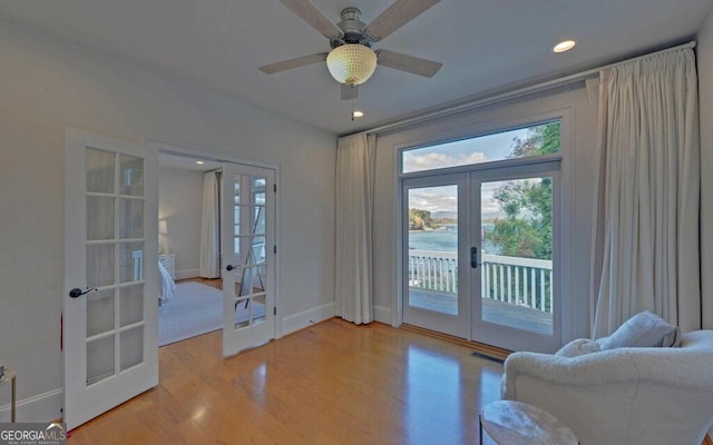 1951 Island View Dr, Hiawassee, GA 30546 - entryway with french doors, light wood-style flooring, baseboards, recessed lighting, and ceiling fan