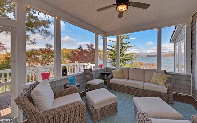 1951 Island View Dr, Hiawassee, GA 30546 - sunroom / solarium with a water view, ceiling fan, and an outdoor living space