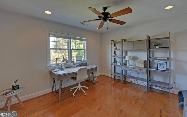 1951 Island View Dr, Hiawassee, GA 30546 - office featuring light wood finished floors, baseboards, a ceiling fan, and recessed lighting