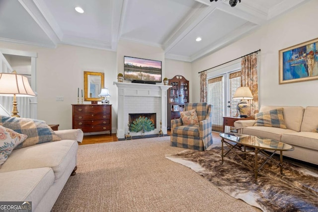 555 Red Bluff Dr, Athens, GA 30607 - living room featuring crown molding, beamed ceiling, a fireplace, and recessed lighting