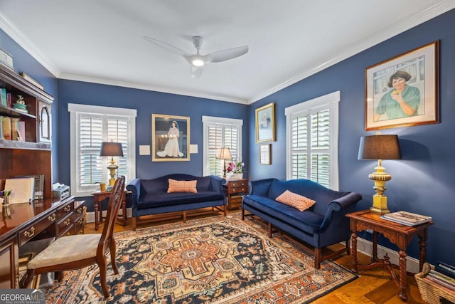555 Red Bluff Dr, Athens, GA 30607 - living area featuring ceiling fan, ornamental molding, and a desk