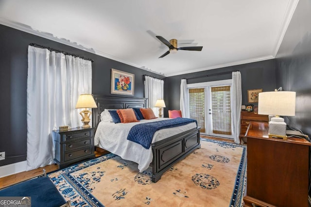 555 Red Bluff Dr, Athens, GA 30607 - bedroom with access to exterior, crown molding, wood finished floors, and a ceiling fan
