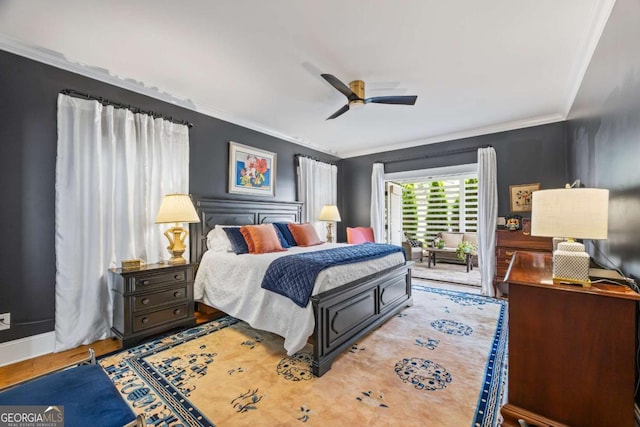 555 Red Bluff Dr, Athens, GA 30607 - bedroom featuring crown molding, wood finished floors, ceiling fan, and access to outside