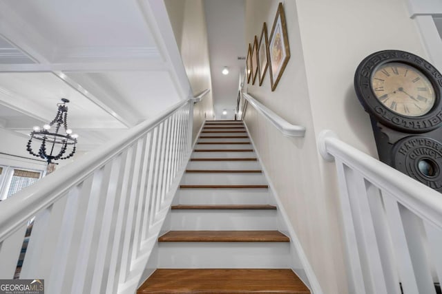 555 Red Bluff Dr, Athens, GA 30607 - staircase featuring a chandelier and beam ceiling