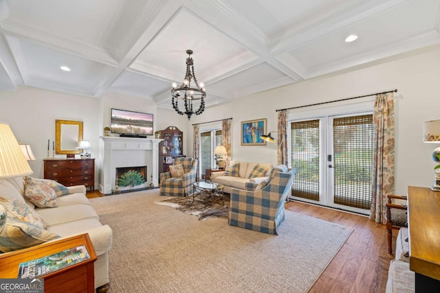 555 Red Bluff Dr, Athens, GA 30607 - living room with french doors, coffered ceiling, hardwood / wood-style floors, beamed ceiling, and a fireplace