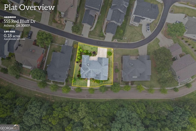 555 Red Bluff Dr, Athens, GA 30607 - aerial view of residential area featuring property parcel outlined