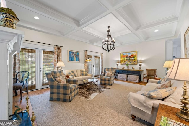 555 Red Bluff Dr, Athens, GA 30607 - living area featuring french doors, beamed ceiling, healthy amount of natural light, coffered ceiling, and a chandelier