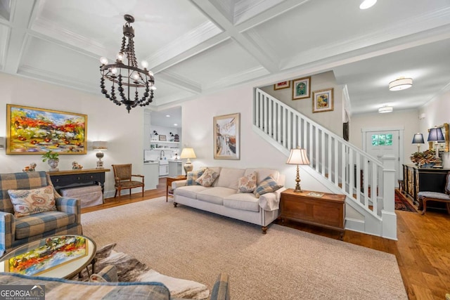 555 Red Bluff Dr, Athens, GA 30607 - living room with wood finished floors, stairs, coffered ceiling, a chandelier, and beamed ceiling