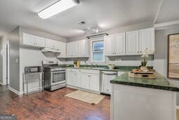 1311 Sylvan Cir, Brookhaven, GA 30319 - kitchen with appliances with stainless steel finishes, white cabinetry, dark countertops, a peninsula, and dark wood-style flooring