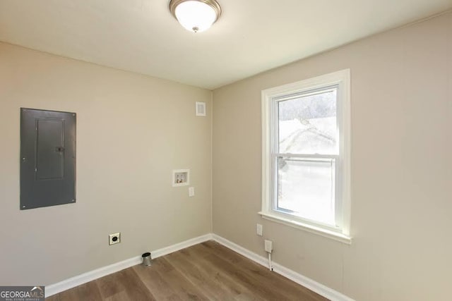 272 Old Sudie Rd, Hiram, GA 30141 - laundry room featuring electric panel, hookup for an electric dryer, washer hookup, and dark wood-style flooring