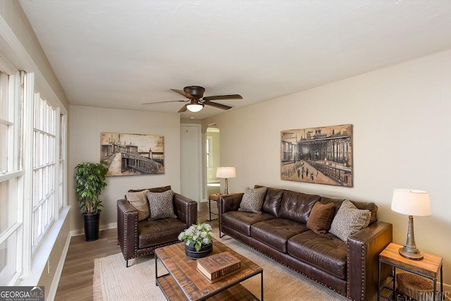 272 Old Sudie Rd, Hiram, GA 30141 - living room featuring arched walkways, a ceiling fan, and wood finished floors
