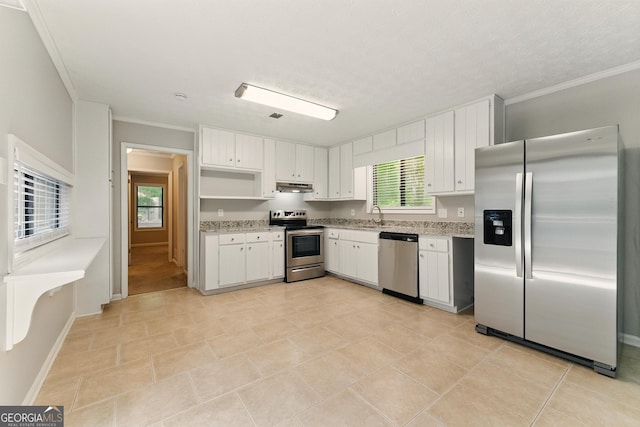 2041 Kramer Way, Marietta, GA 30062 - kitchen with appliances with stainless steel finishes, under cabinet range hood, crown molding, white cabinetry, and open shelves