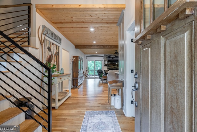 724 Bertha Willis Rd, Carlton, GA 30627 - entrance foyer featuring wooden ceiling, light wood finished floors, recessed lighting, and stairway