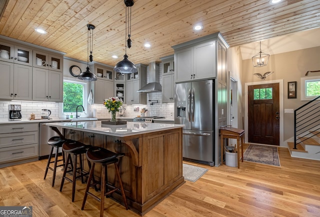 724 Bertha Willis Rd, Carlton, GA 30627 - kitchen featuring stainless steel appliances, wall chimney exhaust hood, wood ceiling, gray cabinetry, and a sink