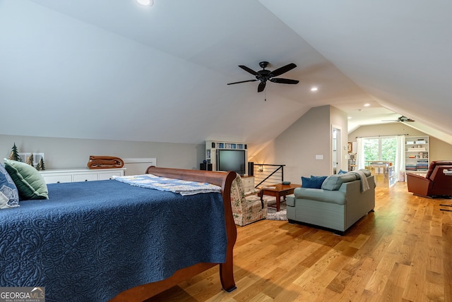 724 Bertha Willis Rd, Carlton, GA 30627 - bedroom featuring lofted ceiling, light wood finished floors, recessed lighting, and a ceiling fan