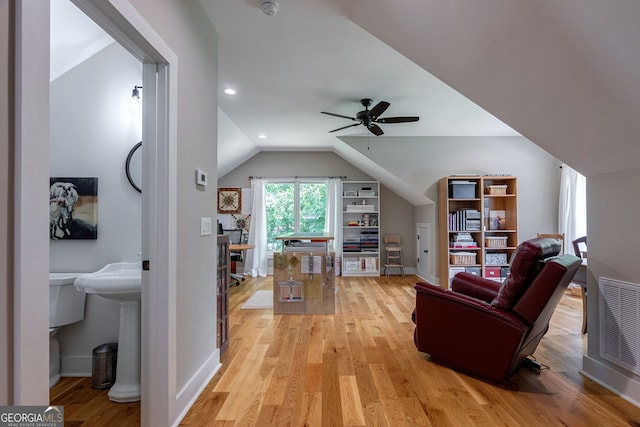 724 Bertha Willis Rd, Carlton, GA 30627 - living area featuring vaulted ceiling, light wood-style flooring, baseboards, a ceiling fan, and recessed lighting