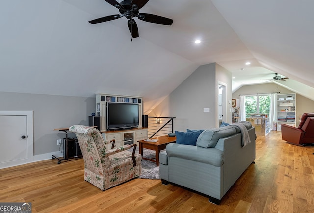 724 Bertha Willis Rd, Carlton, GA 30627 - living room with ceiling fan, vaulted ceiling, light wood-type flooring, and recessed lighting
