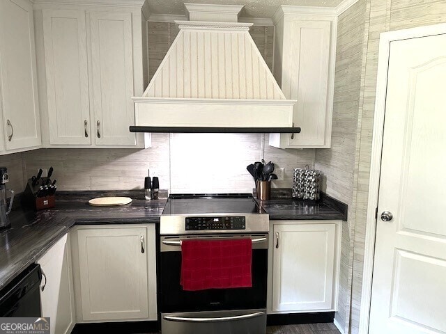 724 Bertha Willis Rd, Carlton, GA 30627 - kitchen with stainless steel electric range, premium range hood, white cabinets, dark countertops, and crown molding