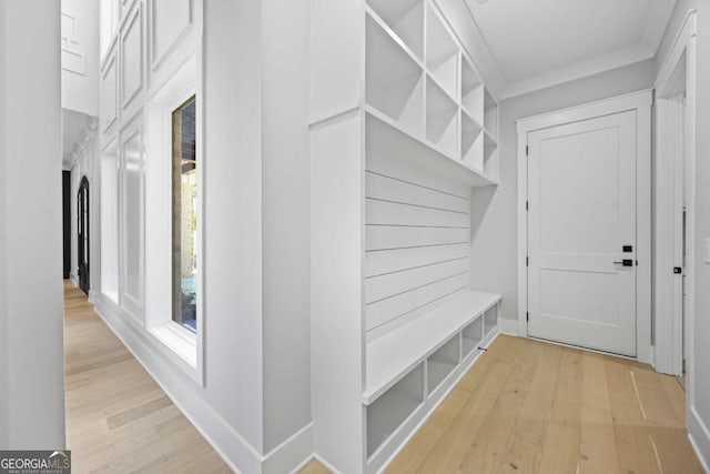 407 Thunder Rd, Buford, GA 30518 - mudroom featuring light wood-style flooring, plenty of natural light, and crown molding