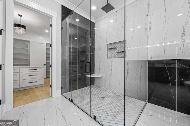 407 Thunder Rd, Buford, GA 30518 - bathroom featuring marble tiled flooring, a marble finish shower, a spacious closet, and recessed lighting