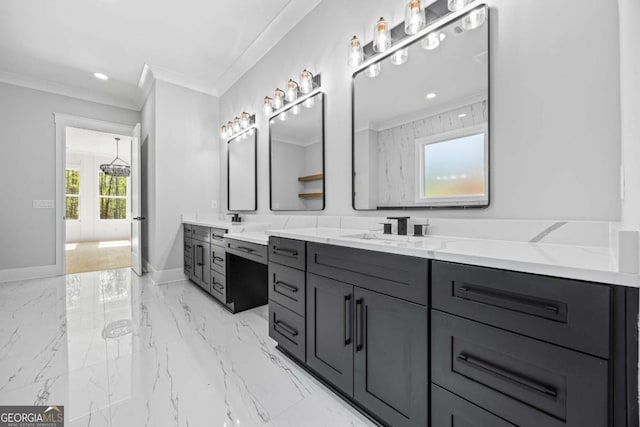 407 Thunder Rd, Buford, GA 30518 - bathroom with ornamental molding, double vanity, marble finish flooring, a chandelier, and recessed lighting