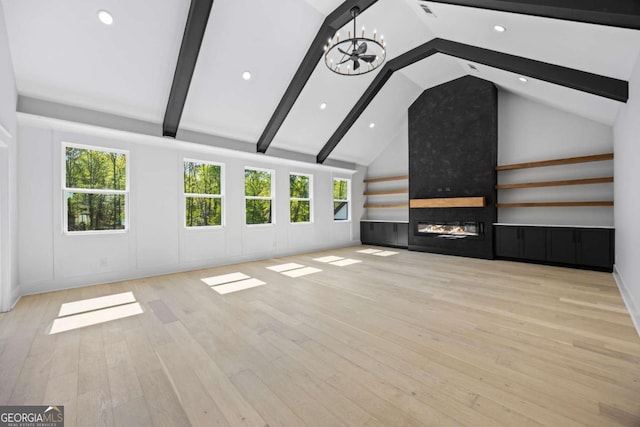 407 Thunder Rd, Buford, GA 30518 - unfurnished living room featuring a large fireplace, high vaulted ceiling, beam ceiling, healthy amount of natural light, and light wood-type flooring