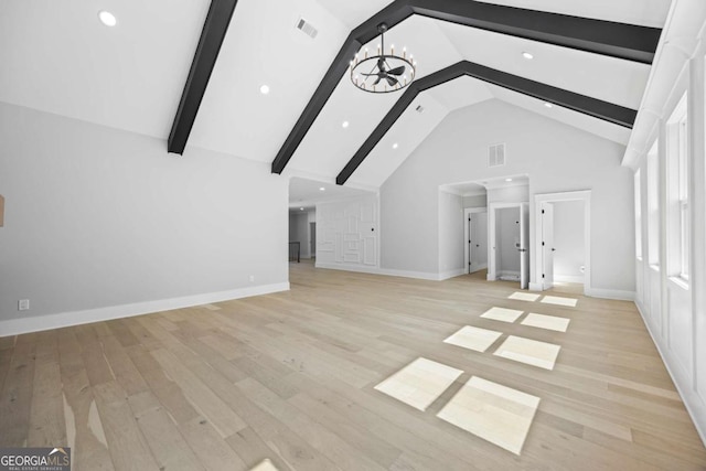 407 Thunder Rd, Buford, GA 30518 - unfurnished living room with beam ceiling, light wood finished floors, recessed lighting, a chandelier, and high vaulted ceiling