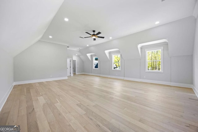 407 Thunder Rd, Buford, GA 30518 - unfurnished living room featuring light wood finished floors, lofted ceiling, recessed lighting, and ceiling fan