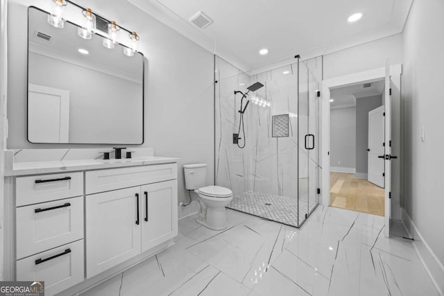 407 Thunder Rd, Buford, GA 30518 - bathroom featuring marble finish floors, recessed lighting, vanity, and a marble finish shower