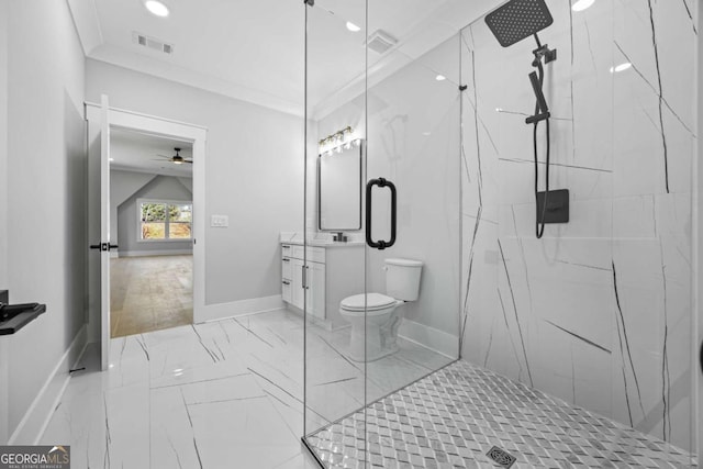 407 Thunder Rd, Buford, GA 30518 - full bath with marble look tiles, a marble finish shower, vanity, ceiling fan, and recessed lighting