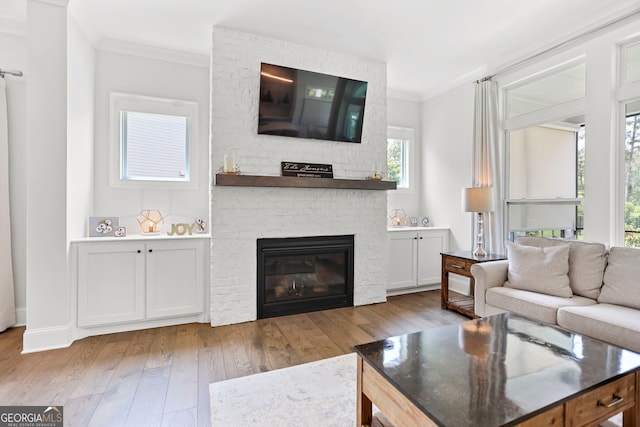 229 Widener Way, Peachtree City, GA 30269 - living area featuring crown molding, a large fireplace, and wood finished floors