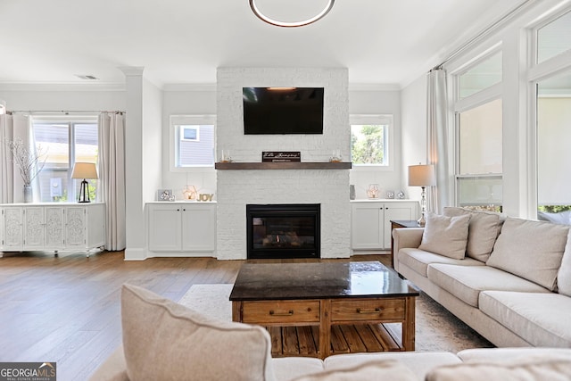 229 Widener Way, Peachtree City, GA 30269 - living area with ornamental molding, hardwood / wood-style floors, and a fireplace