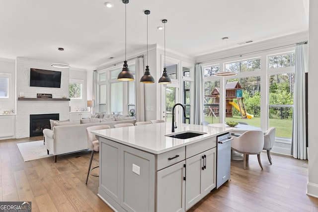 229 Widener Way, Peachtree City, GA 30269 - kitchen featuring a sink, light wood-style flooring, healthy amount of natural light, pendant lighting, and crown molding
