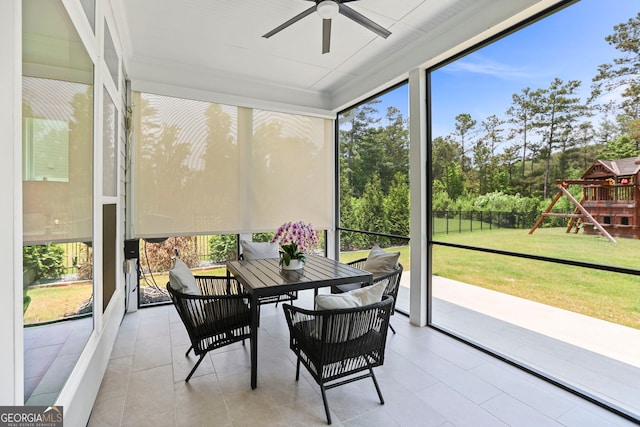 229 Widener Way, Peachtree City, GA 30269 - sunroom featuring a ceiling fan and outdoor dining space