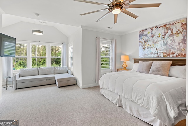 229 Widener Way, Peachtree City, GA 30269 - carpeted bedroom featuring baseboards, ceiling fan, vaulted ceiling, and ornamental molding